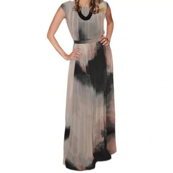 New Zara Abstract Watercolor Chiffon Sleeveless Pleated Party Maxi Dress - Picture 3 of 15